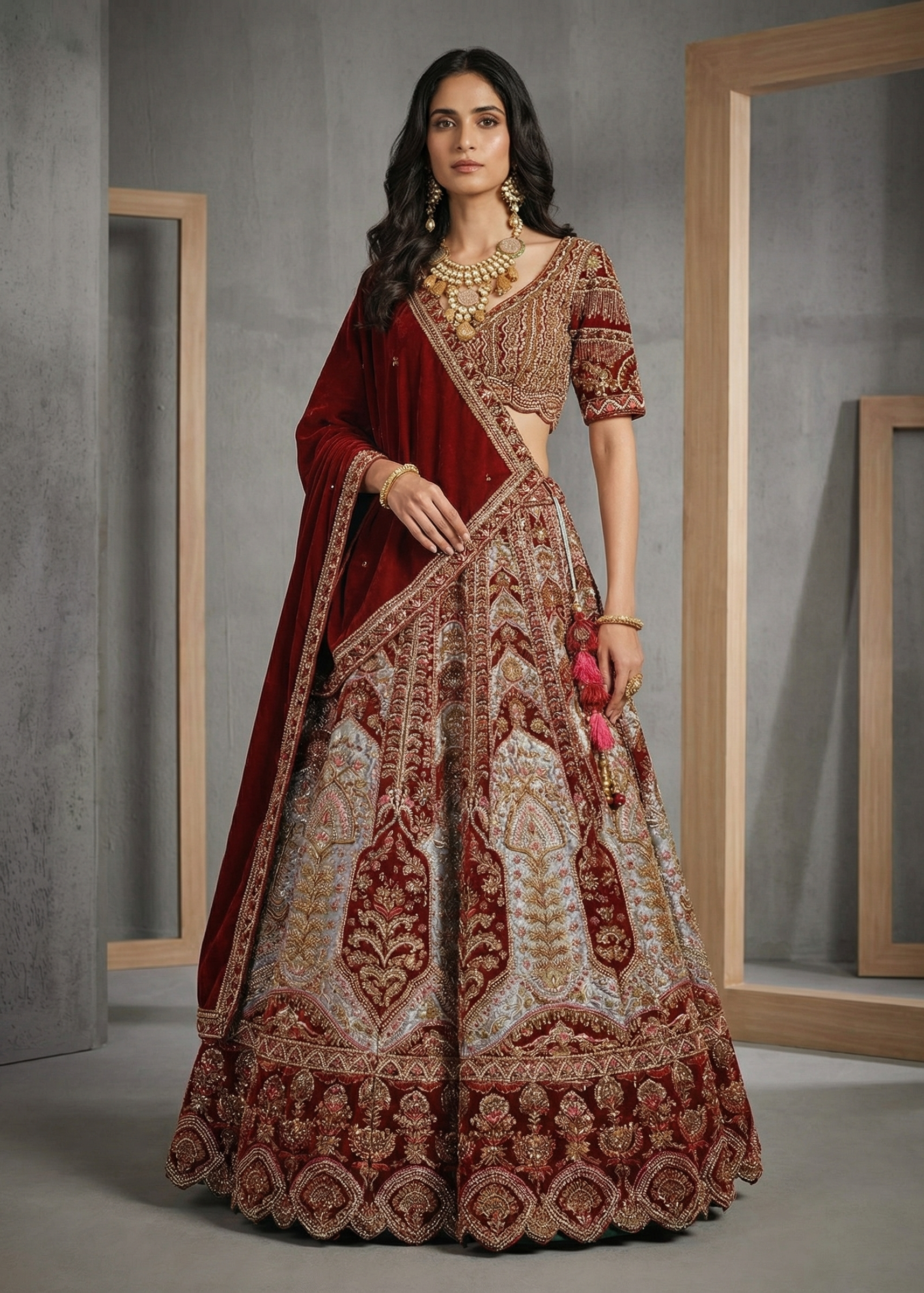 Woman in a traditional maroon and gold embroidered outfit standing against a gray wall.