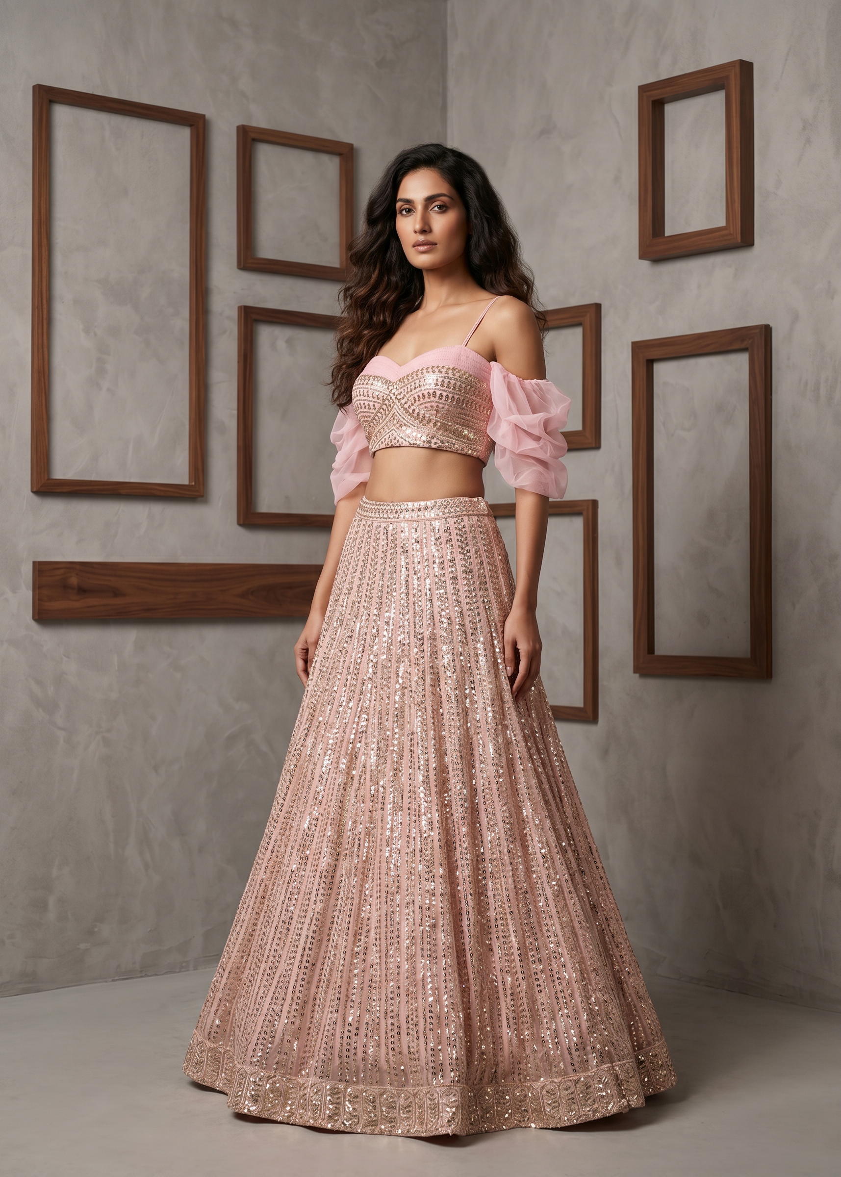 KD650 Pink sequins ready fabric lehenga choli set