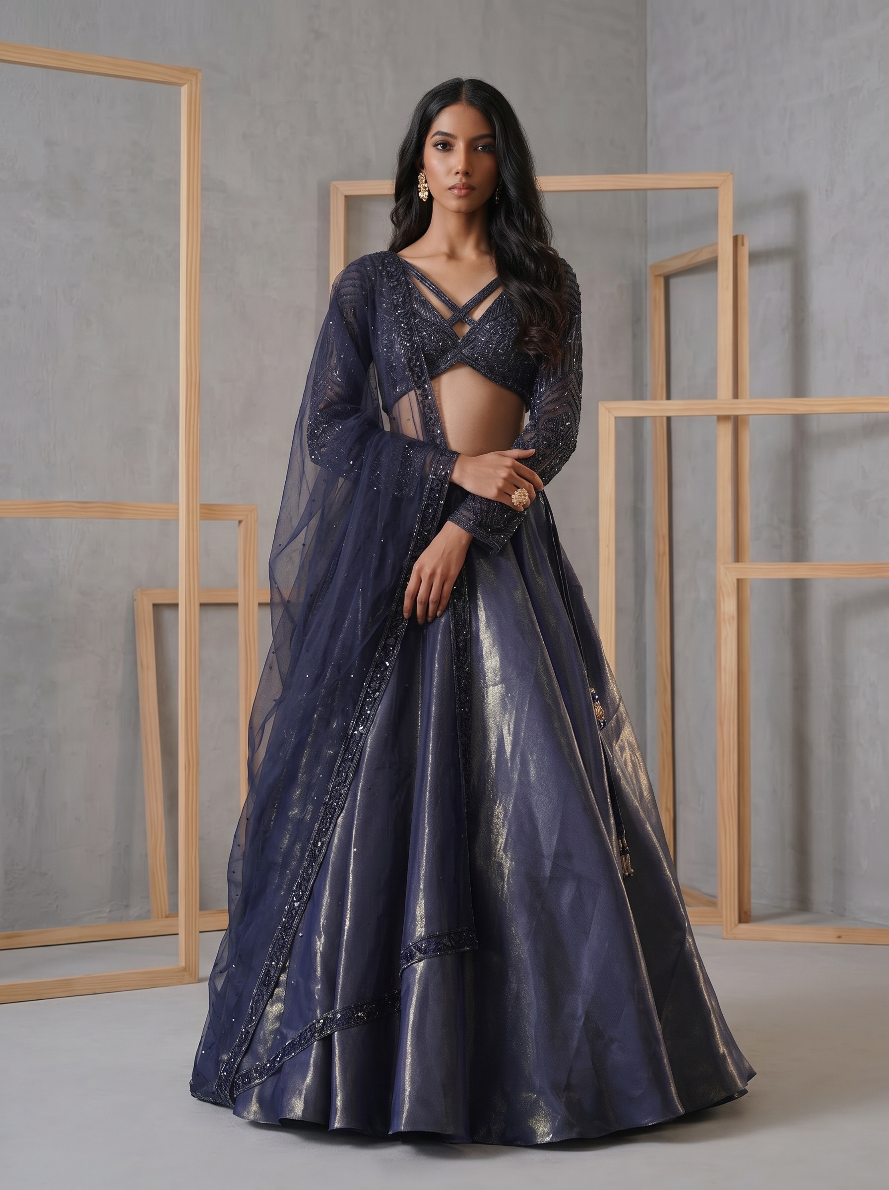 KD742 Navy shimmer glass tissue lehenga with embroidered blouse