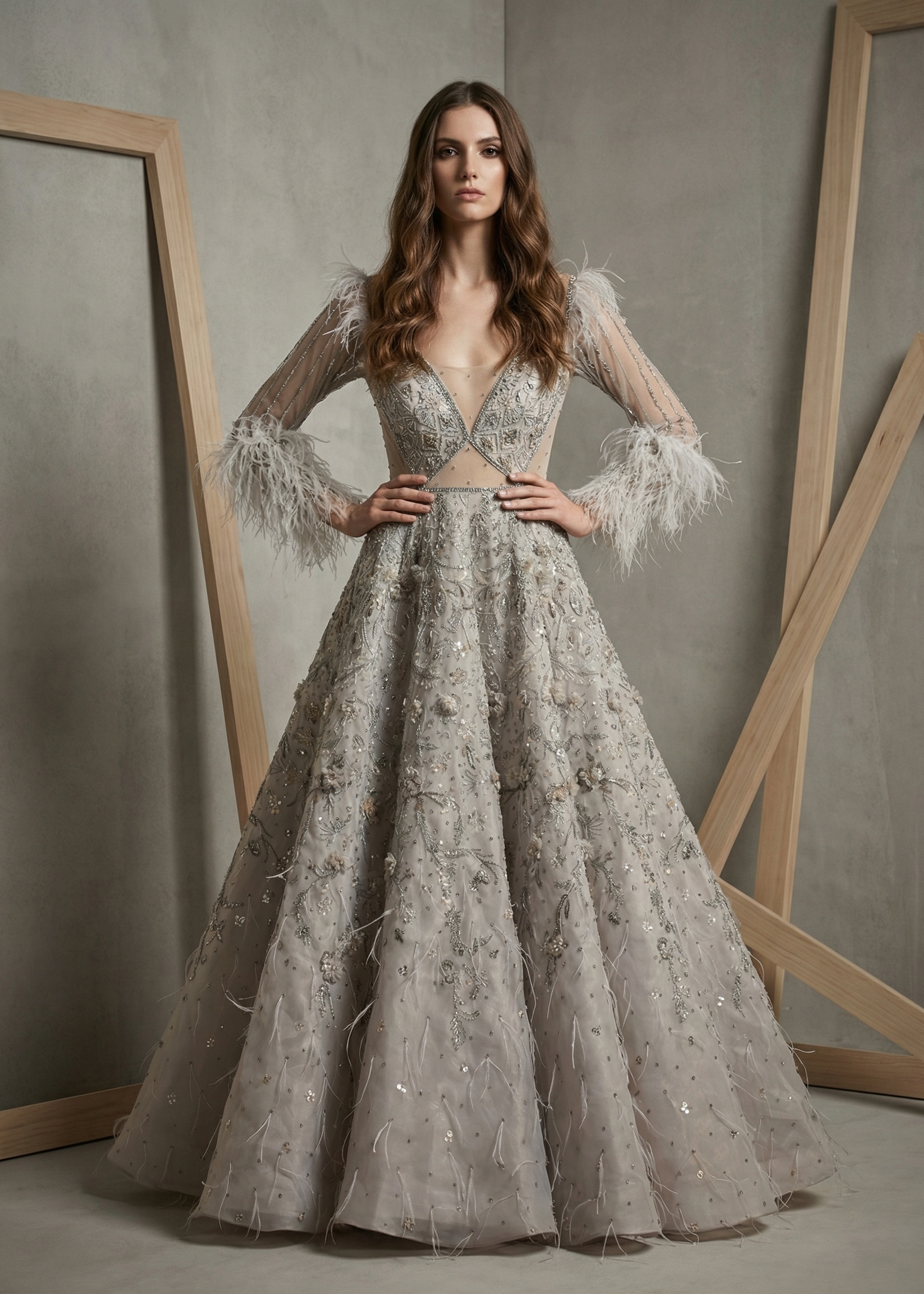 Woman wearing a elegant gown with feathered sleeves against a neutral background