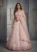 Woman wearing a pink embroidered traditional outfit against a gray background