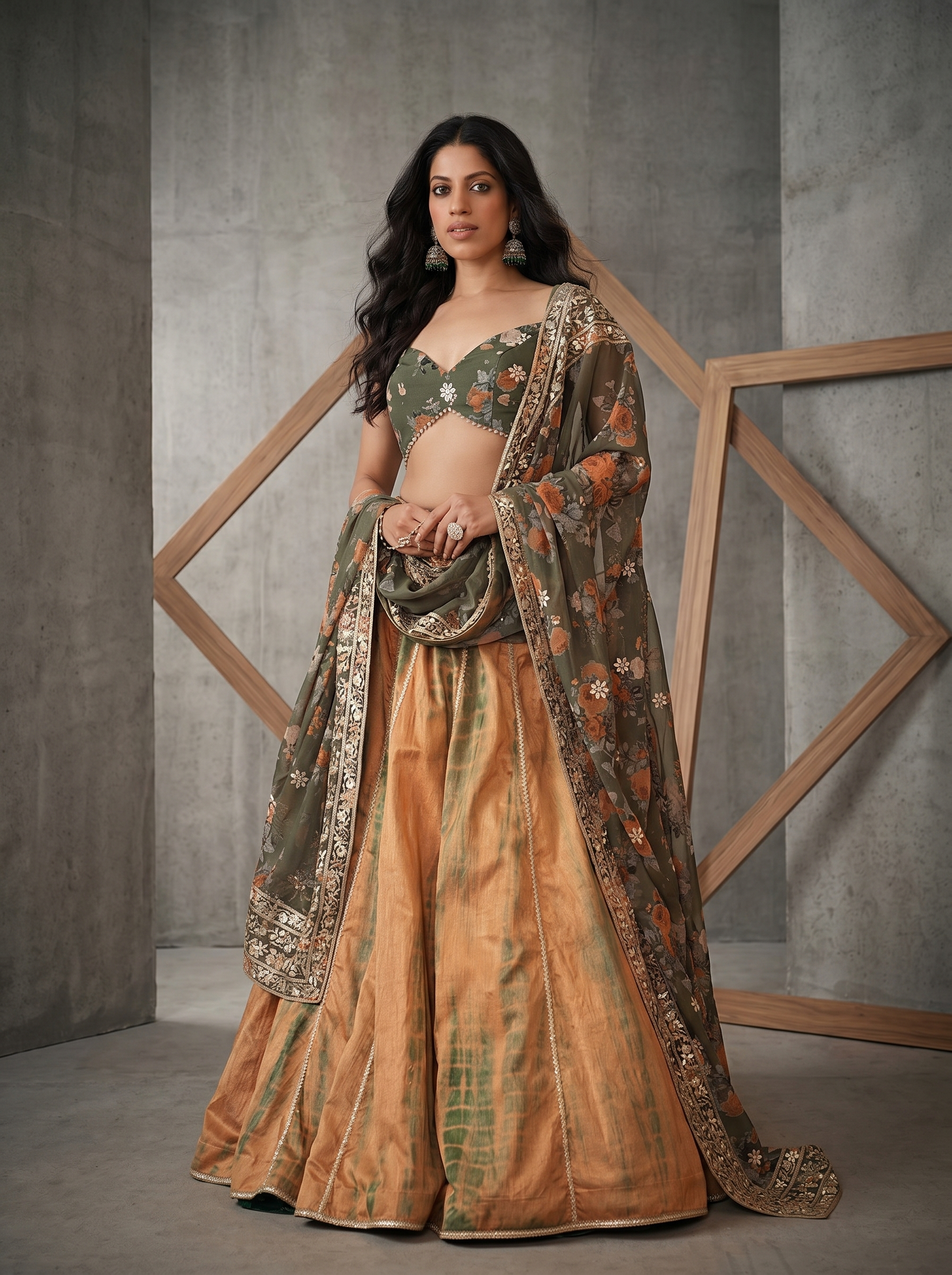 KD839 Green and organge printed blouse and tie and dye lehenega set