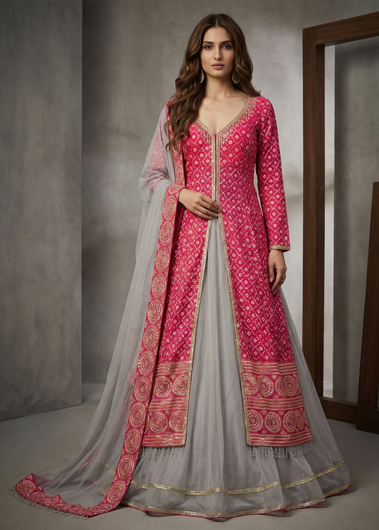 Woman wearing a pink and gray traditional outfit with intricate patterns.