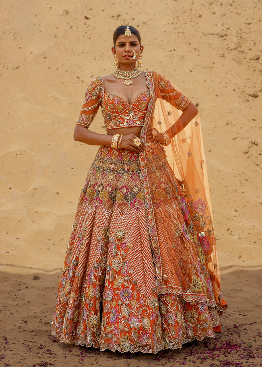 Woman in a traditional outfit with intricate patterns against a desert background