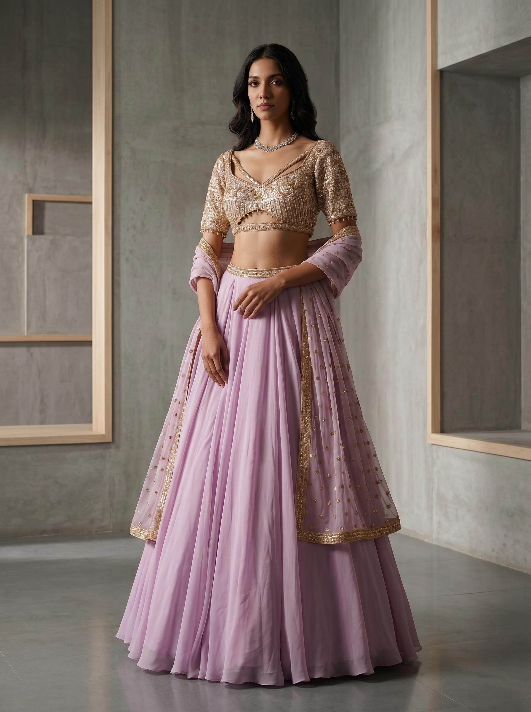 KD870 Lavender cascade skirt, embroidered blouse and dupatta