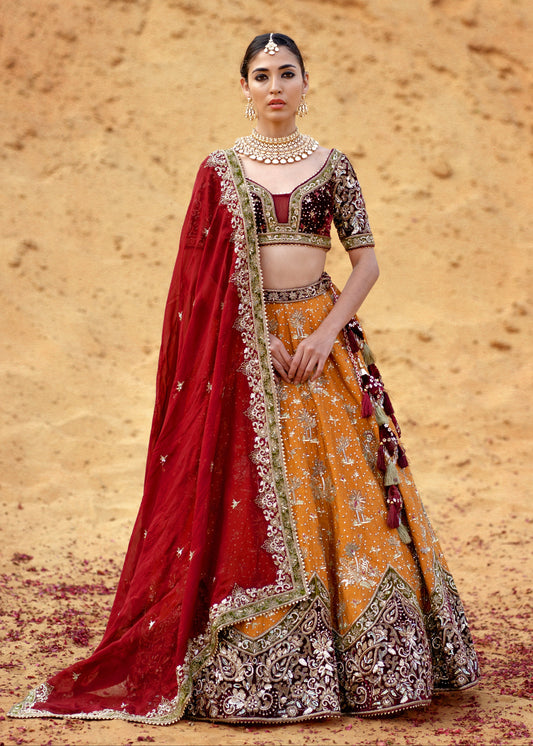 Woman in traditional Indian attire with a red dupatta and orange lehenga against a desert background