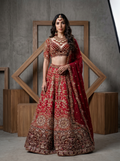 KD889 Red embroidery lehenga, blouse and 2 dupatta set