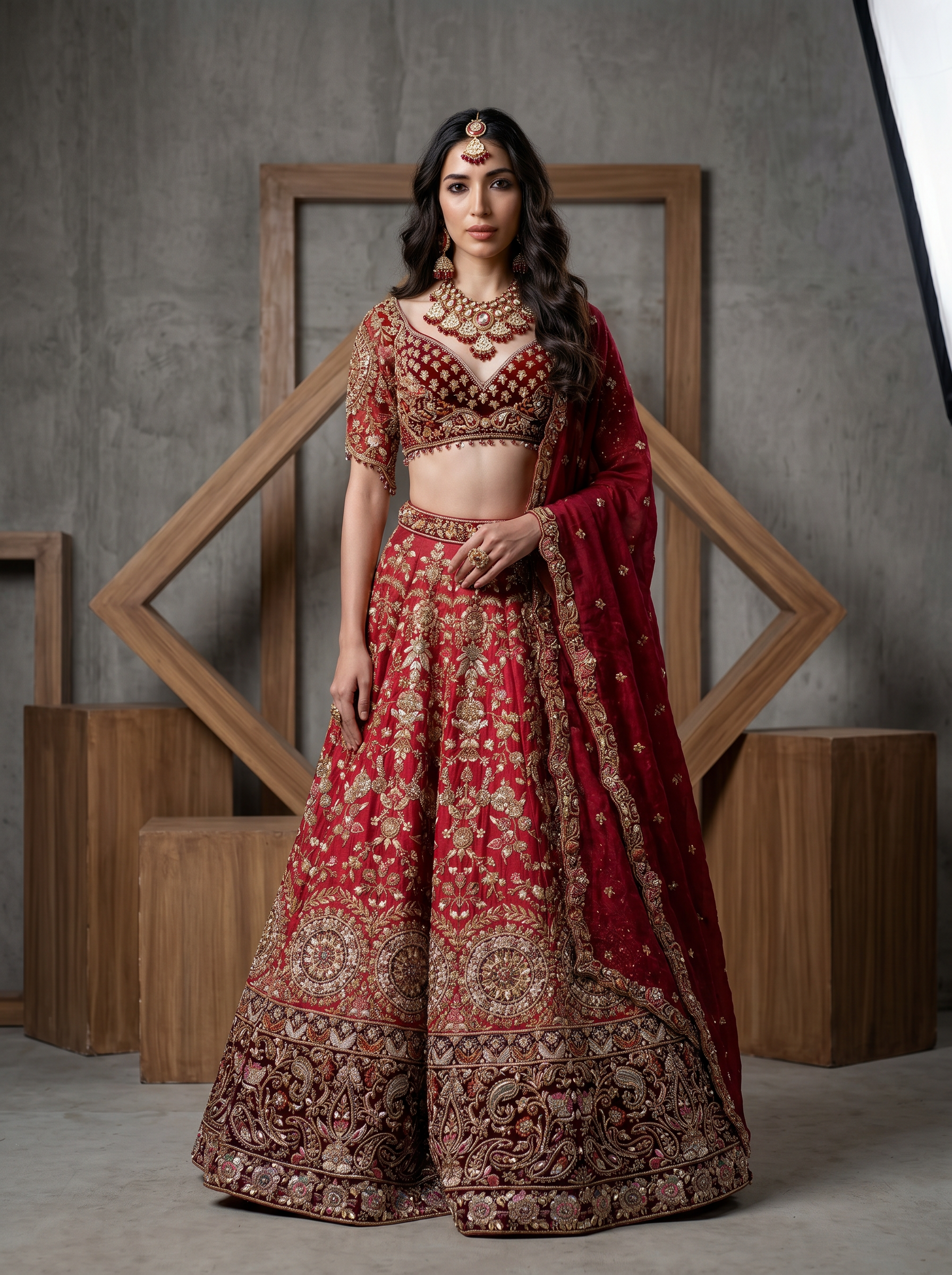 KD889 Red embroidery lehenga, blouse and 2 dupatta set