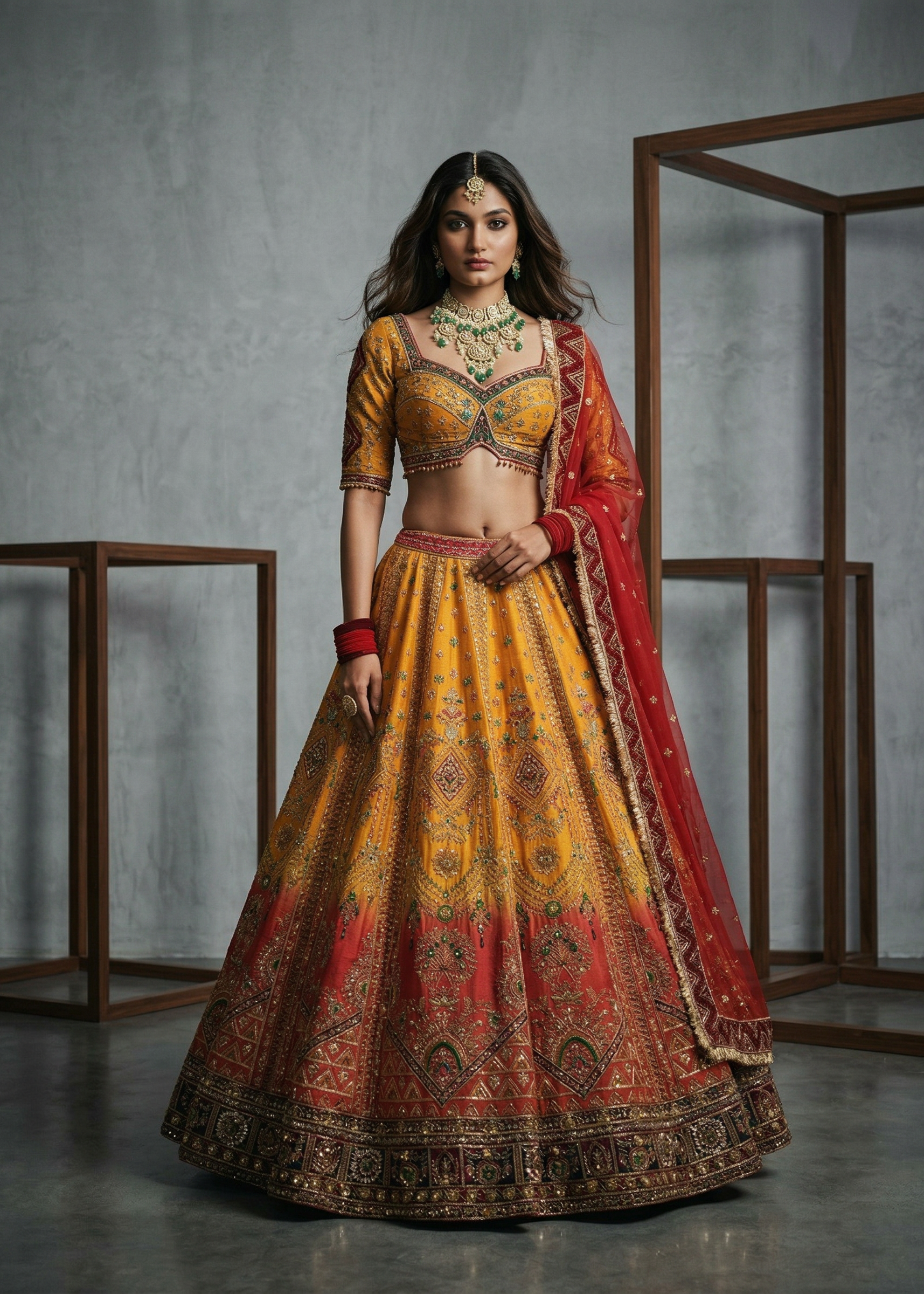 KD903 Red & mustard lehenga set