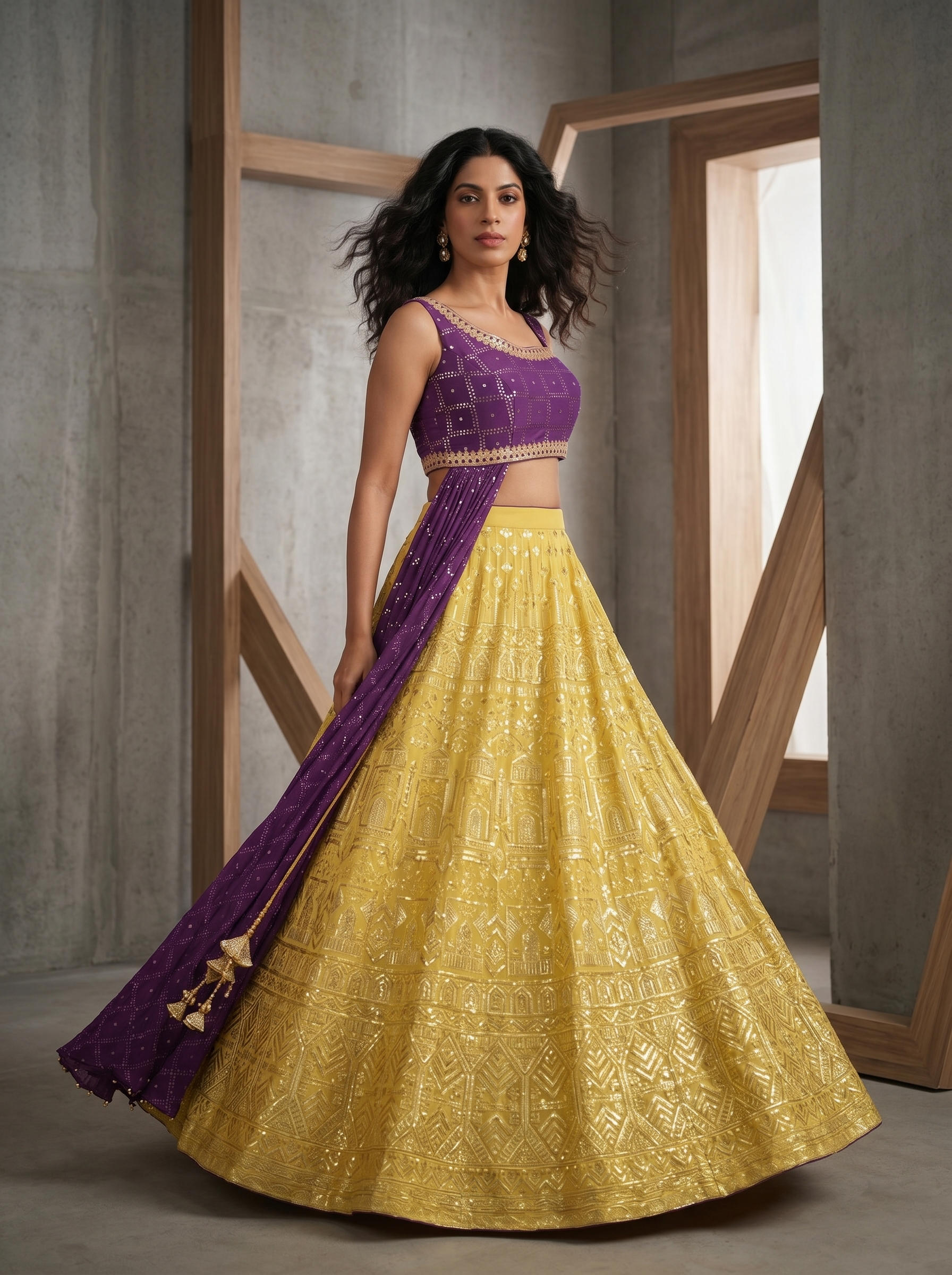KD909 Yellow leather kali lehenga and purple mukaish draped blouse