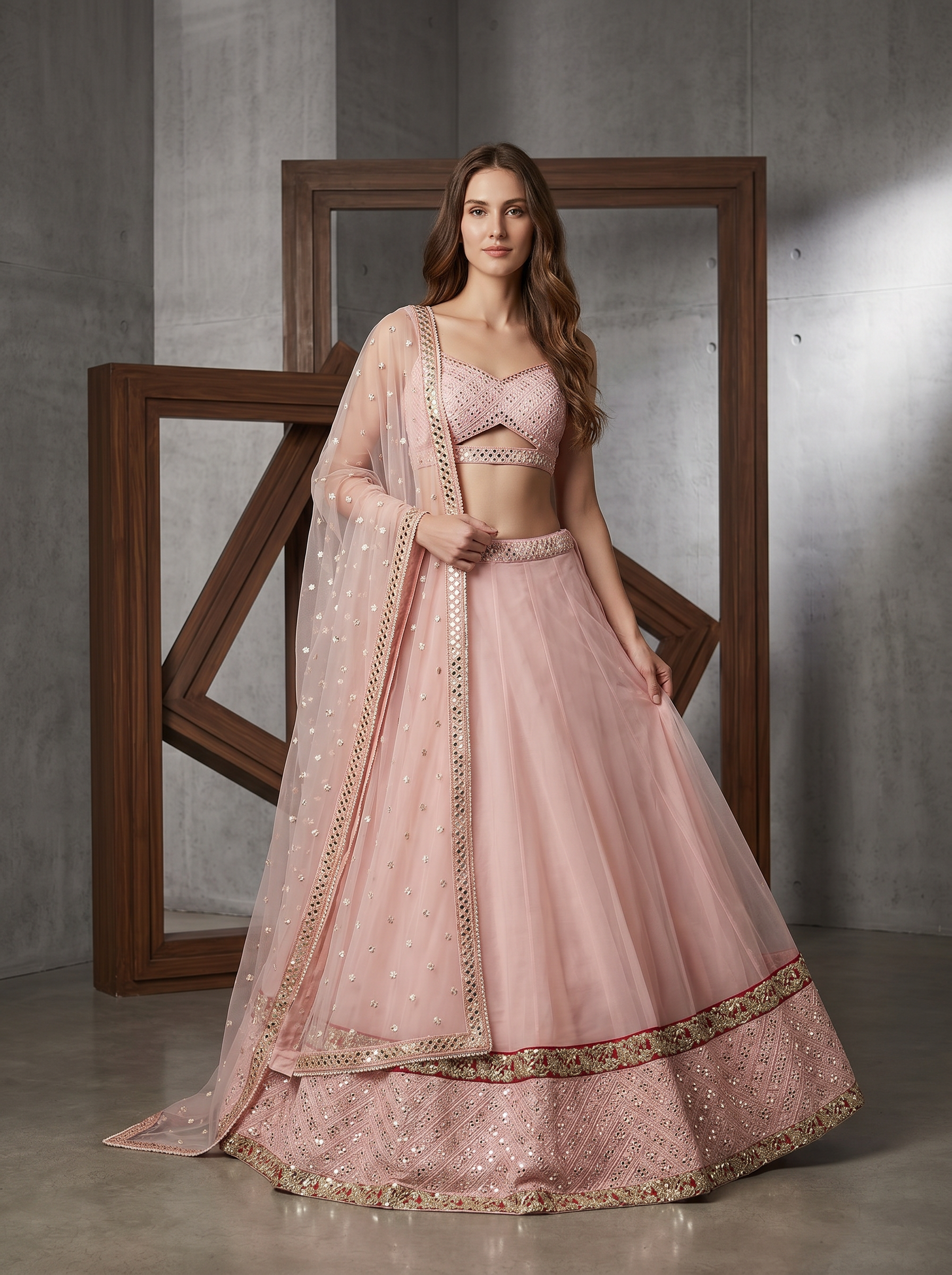 KD910 Beige georgette lehenga and red ready fabric border