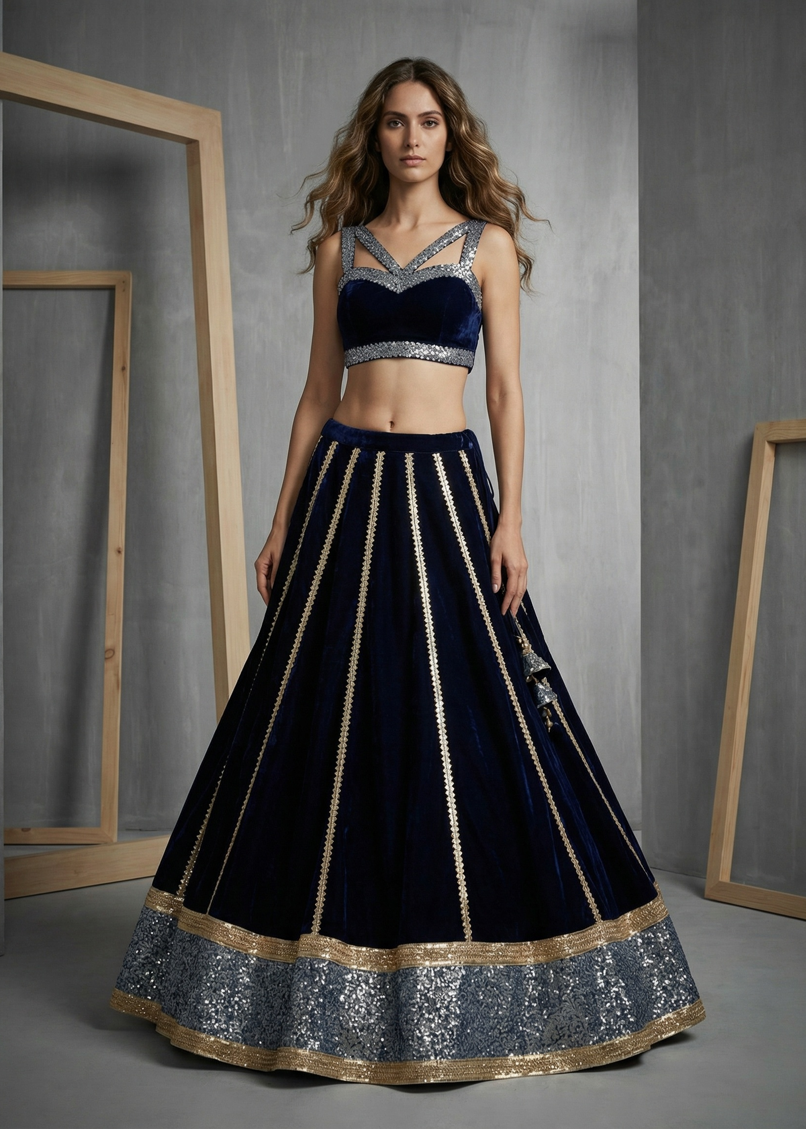 KD914 Navy blue velvet ready fabric lehenga choli set