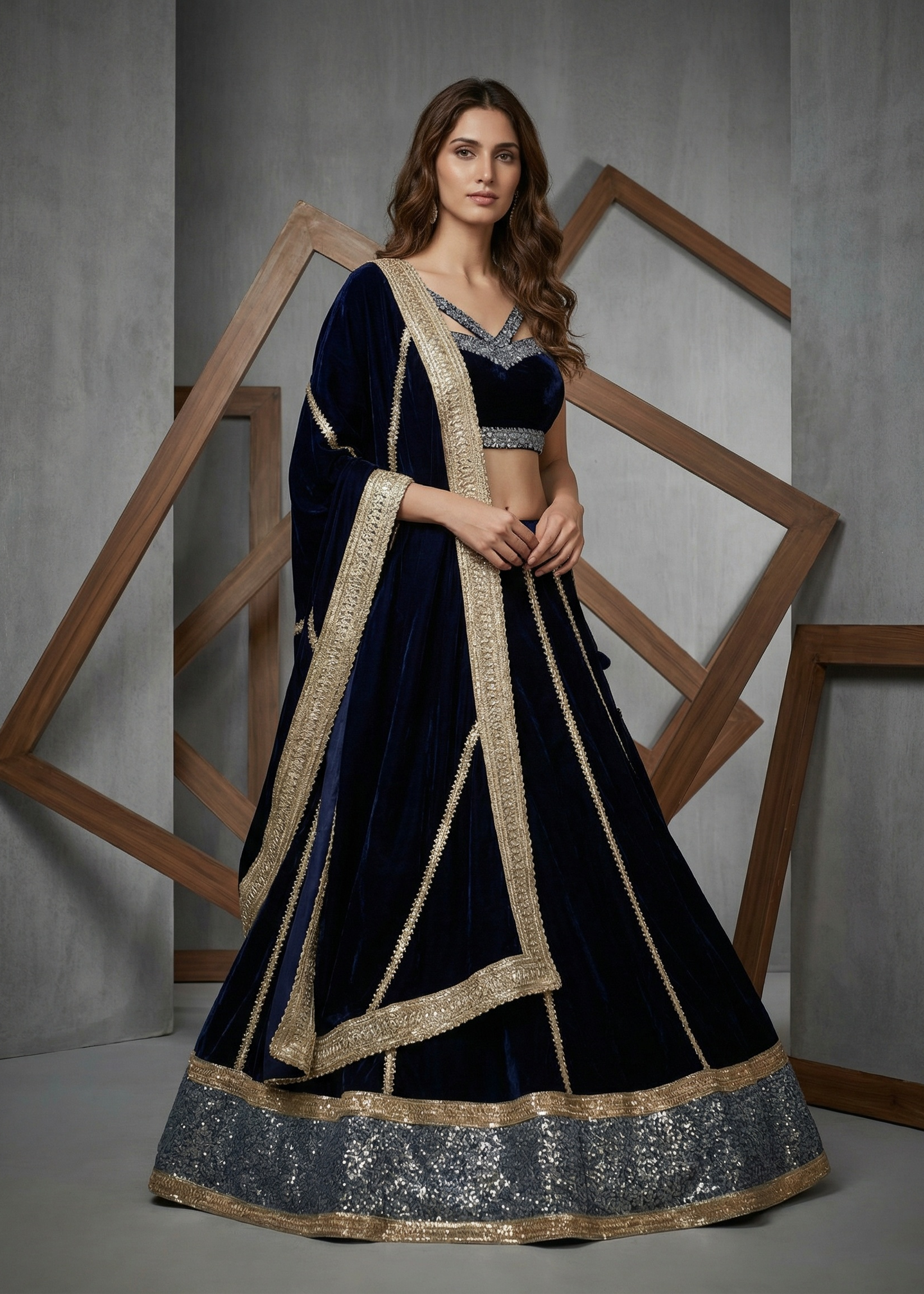 KD914 Navy blue velvet ready fabric lehenga choli set