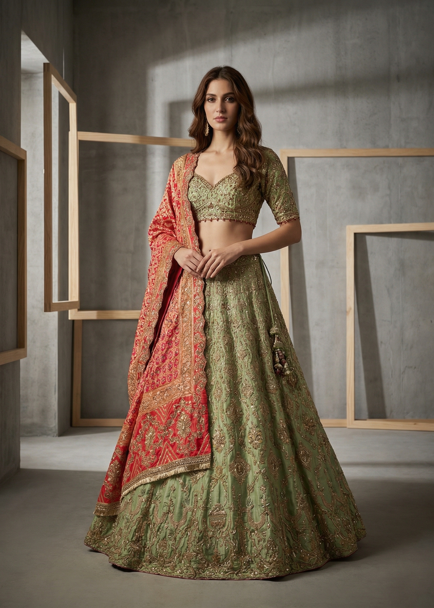 Woman wearing a traditional green and red embroidered outfit in a modern setting.