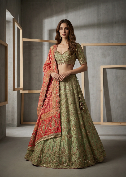 Woman wearing a traditional green and red embroidered outfit in a modern setting.