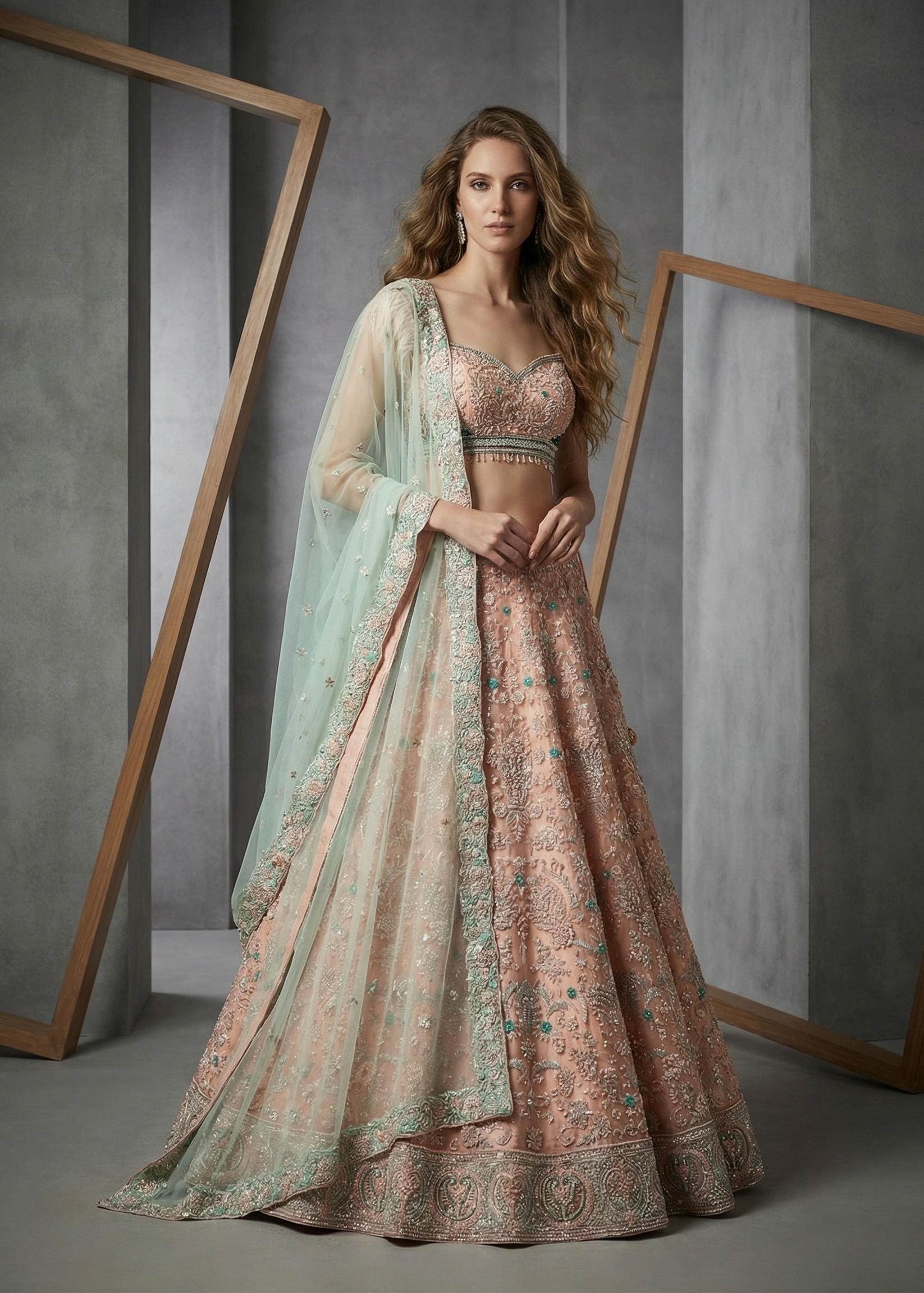 Woman in a traditional outfit standing against a gray background with wooden frames.