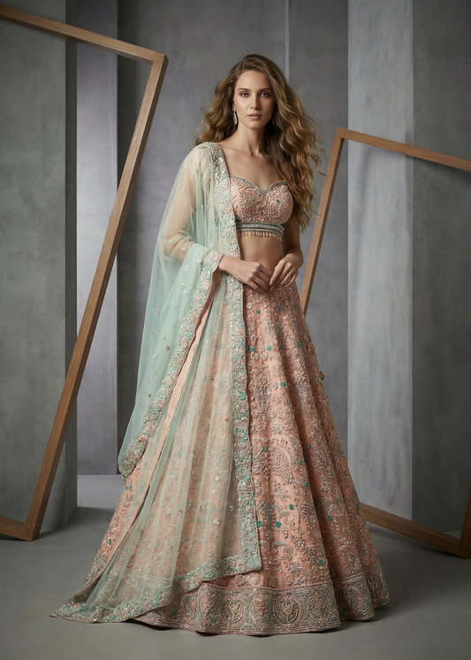 Woman in a traditional outfit standing against a gray background with wooden frames.