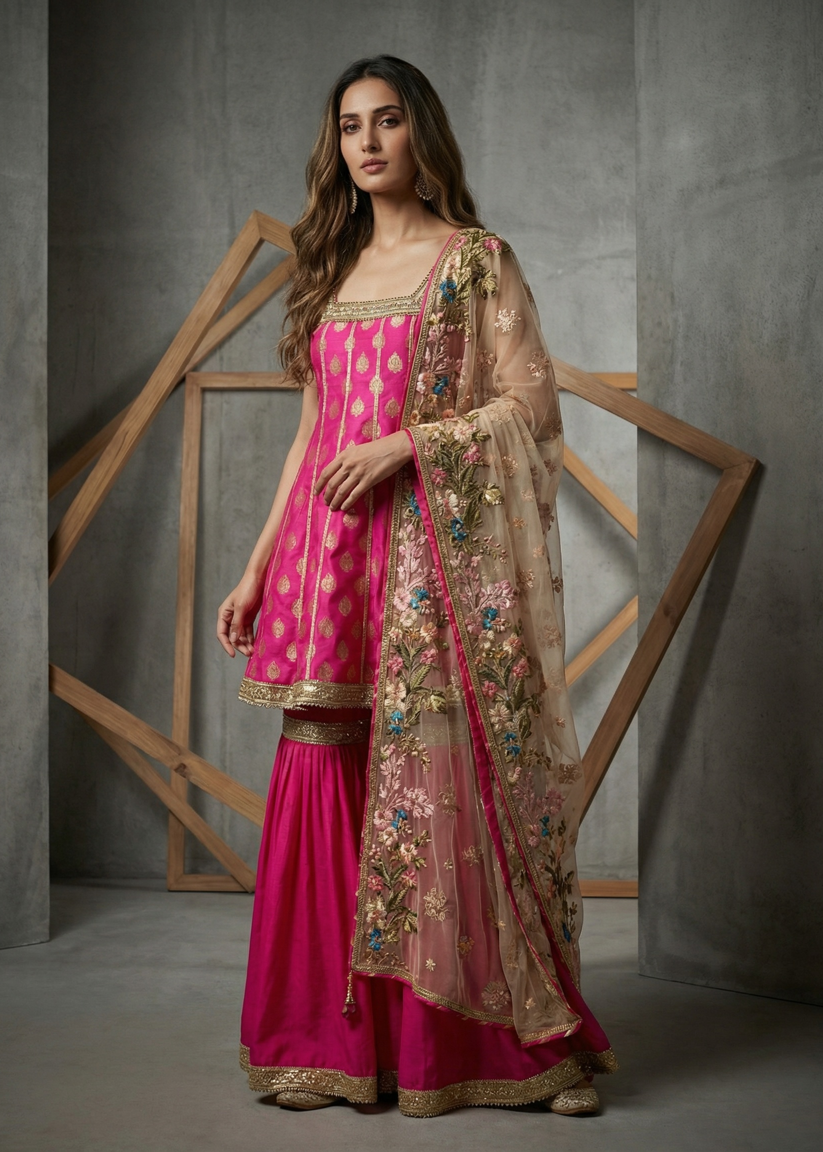 KD949 Fusia brocade anarklai, sharara and dupatta