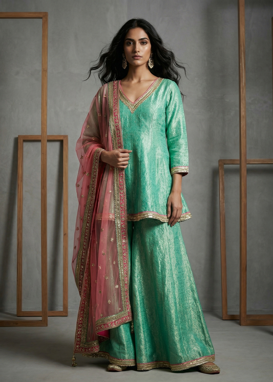 Woman wearing a green traditional outfit with a pink dupatta against a gray background