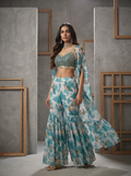 Teal Blue Mirror Blouse, Printed Garara and Cape