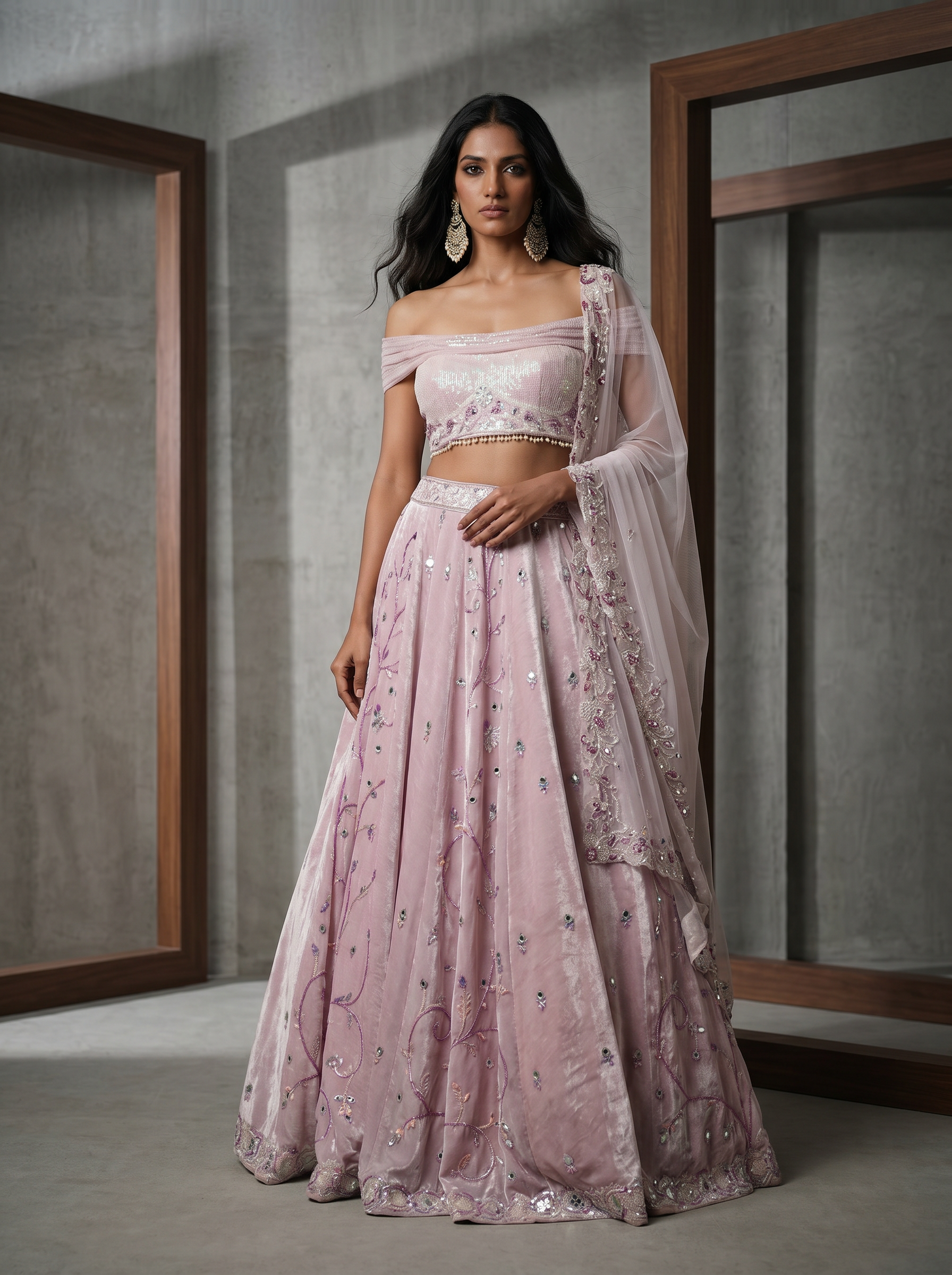 KD989 Pink sequins draped blouse and pink velvet lehenga set