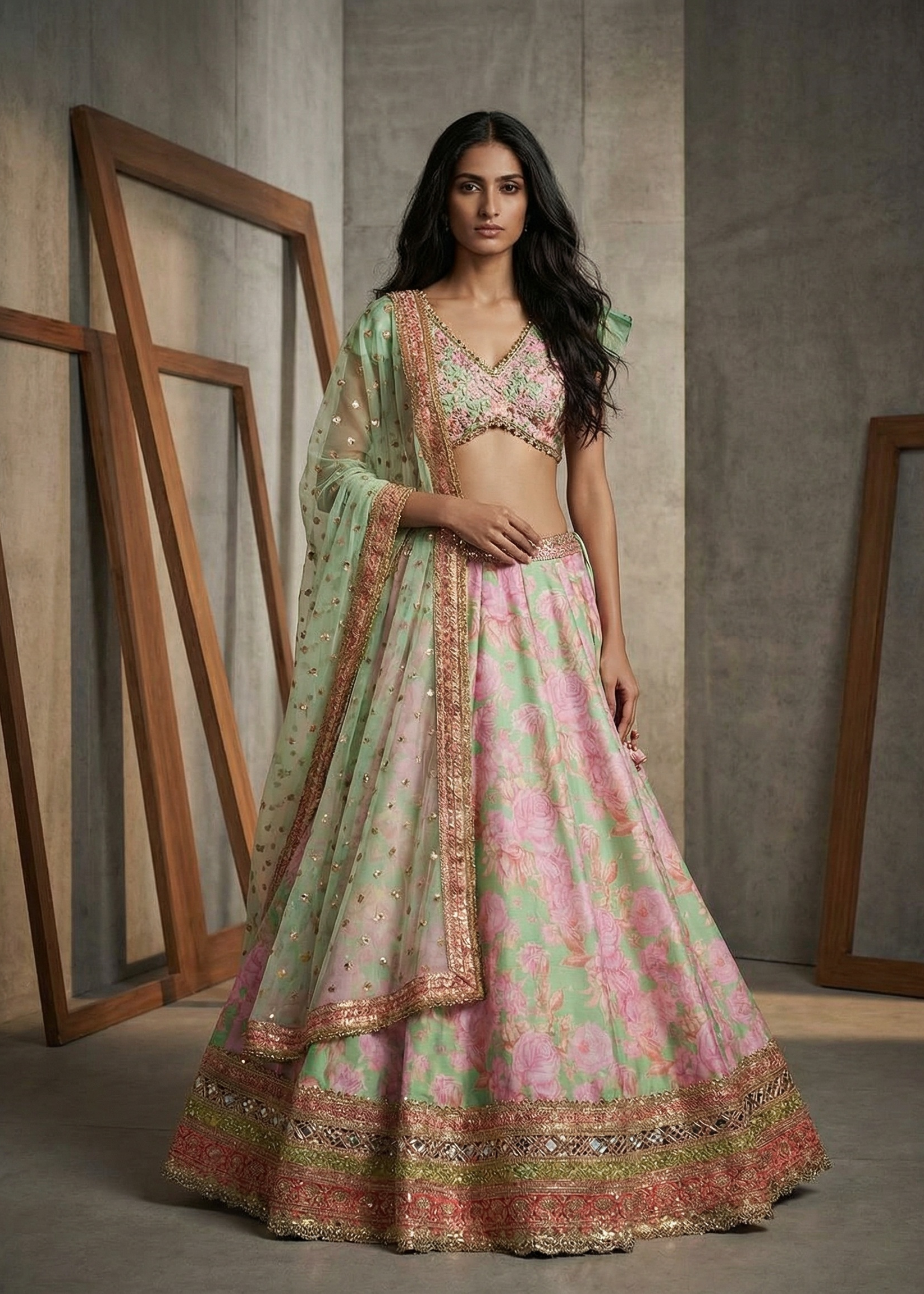 KD990 Mint floral print lehenga choli set