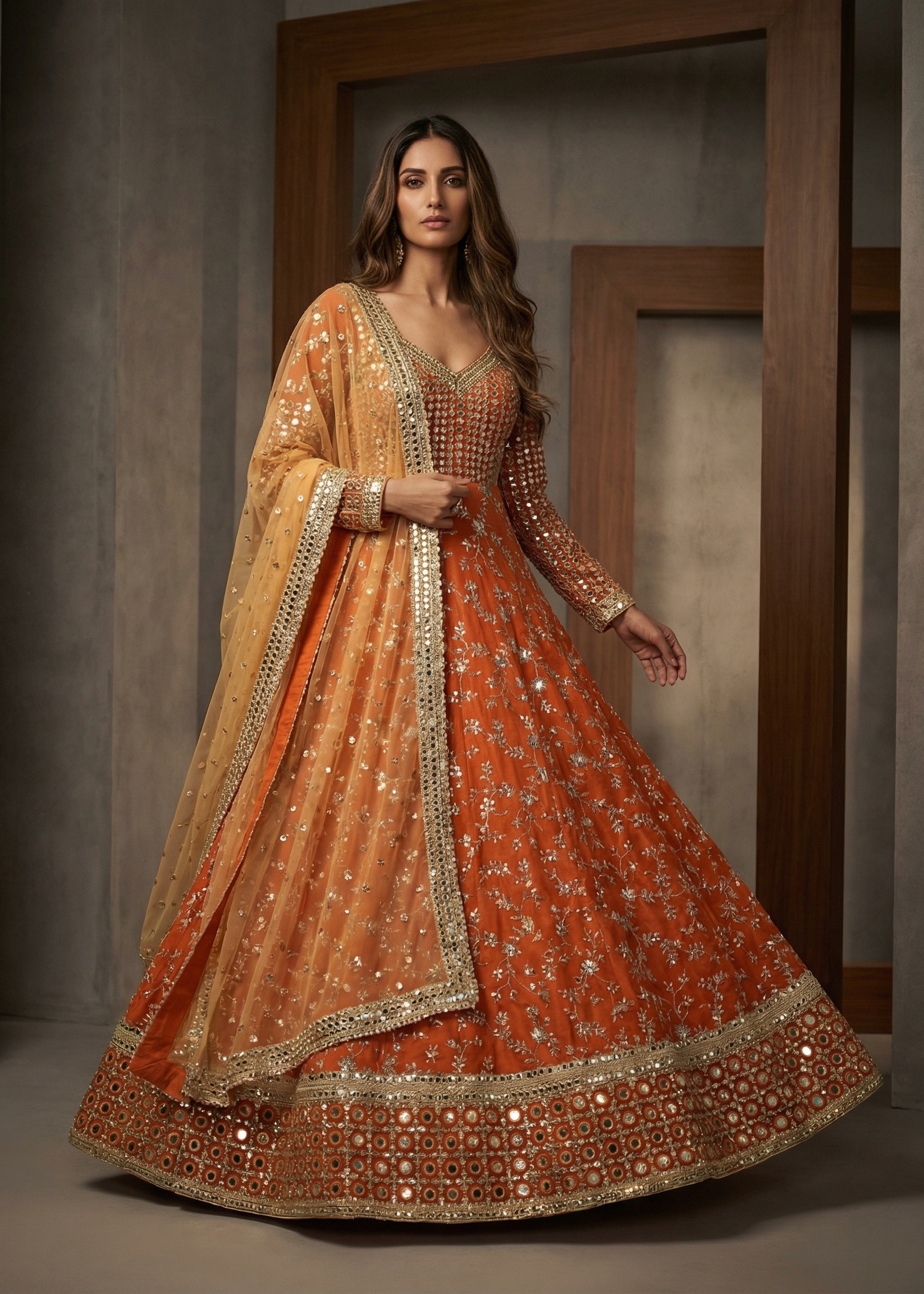 KD992 Rust ready fabric mirror anarkali, churidar and dupatta