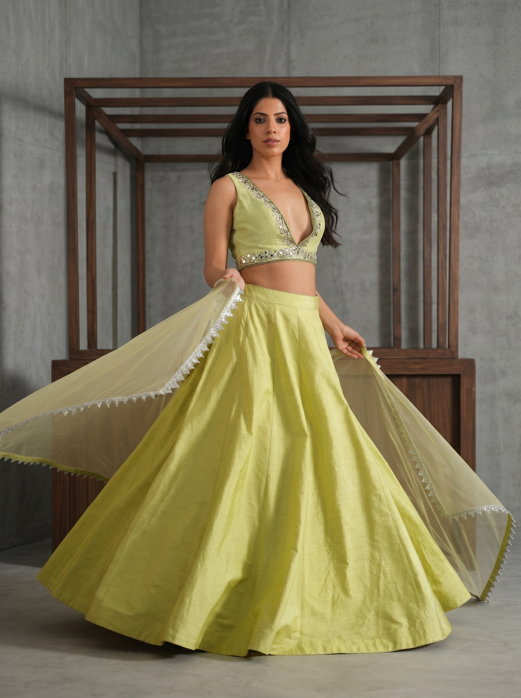 KD1408 Lime yellow blouse lehenga dupatta set