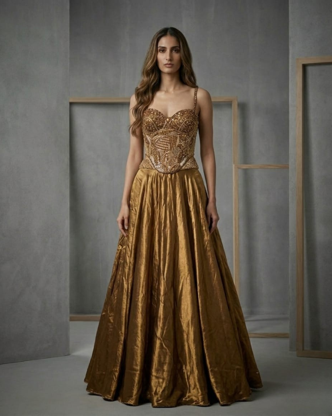 MID001 Antique Gold Corset  Chokar Dupatta and Lehenga
