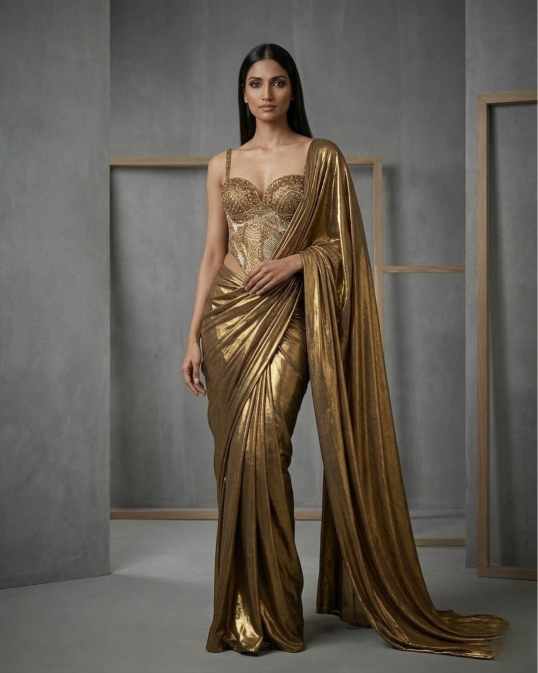MID012  Antique Gold Corset  Saree