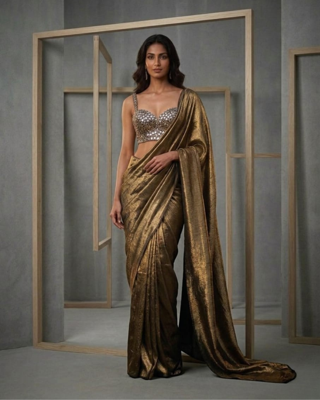 MID013 Olive ready to wear saree and blouse