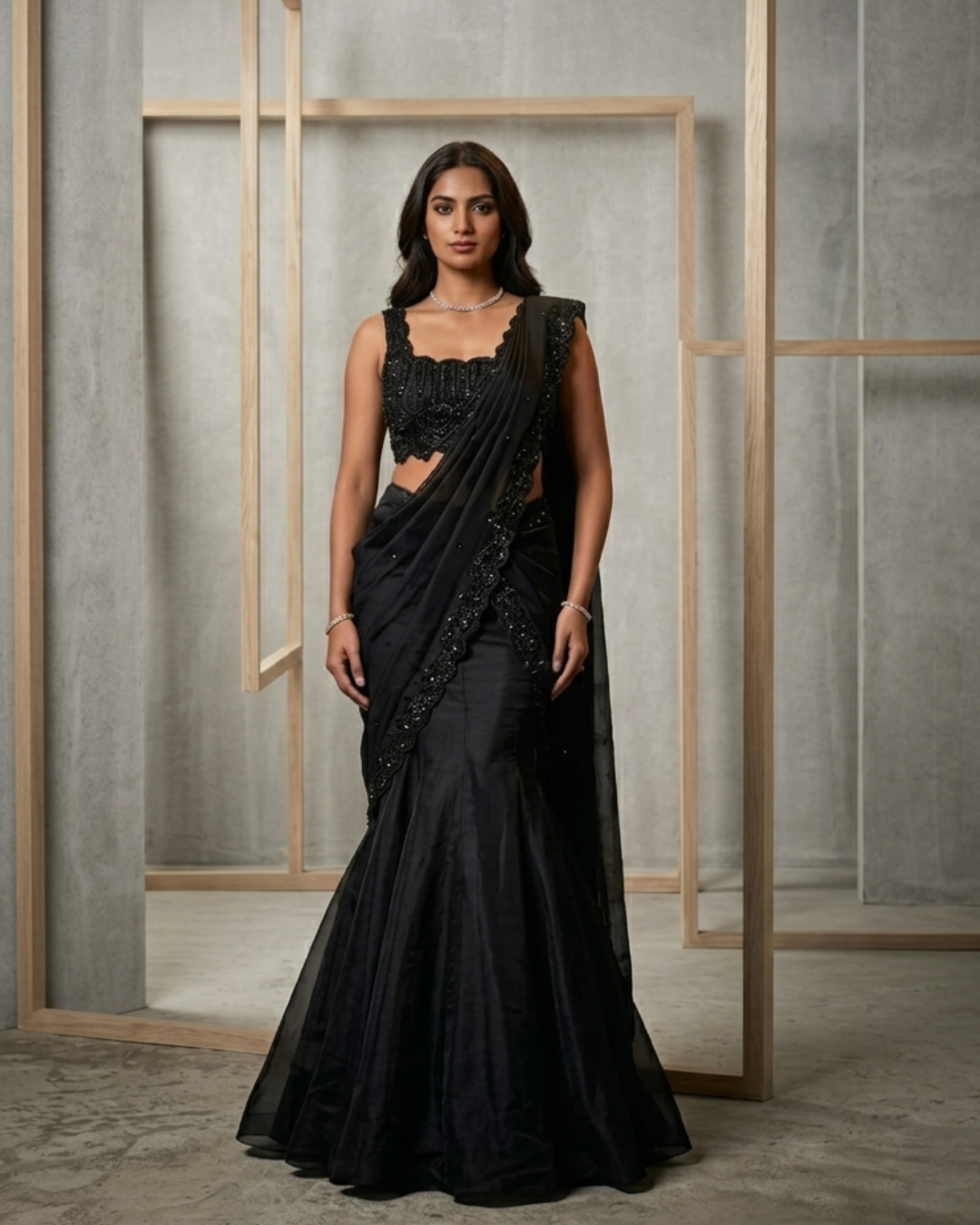 MID014 Black shandle lace mermaid skirt with pallu and blouse