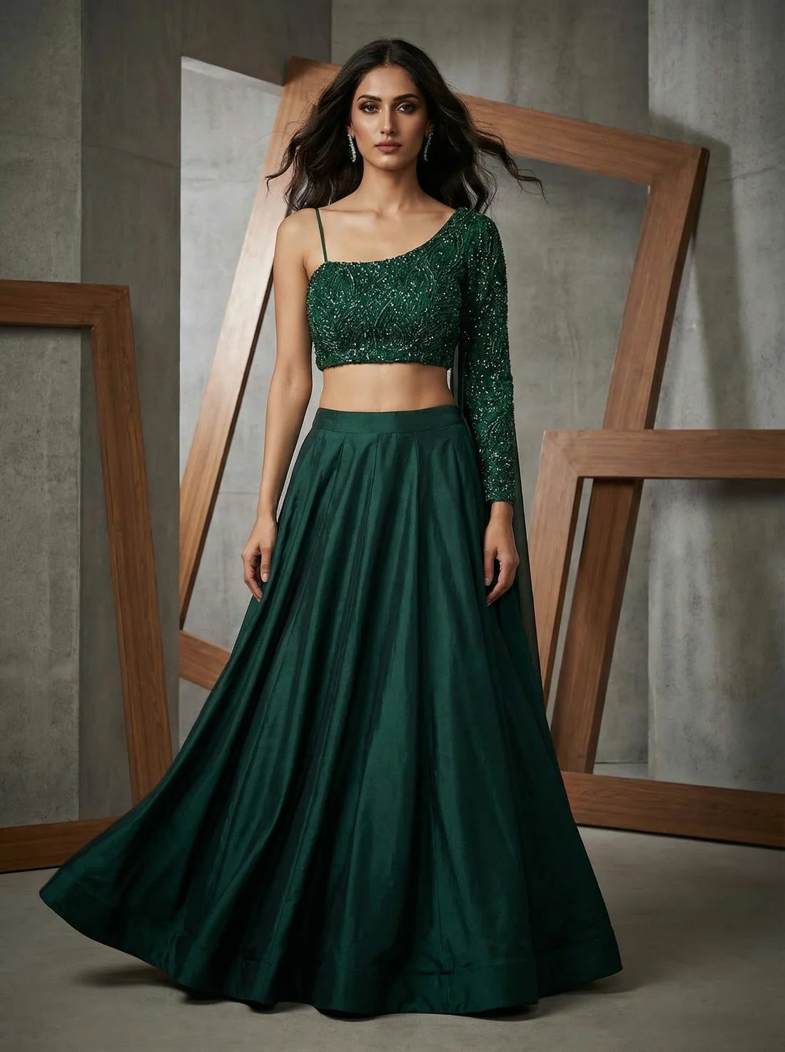 MID016 Emerald green One-Shoulder Embroidered Lehenga Set