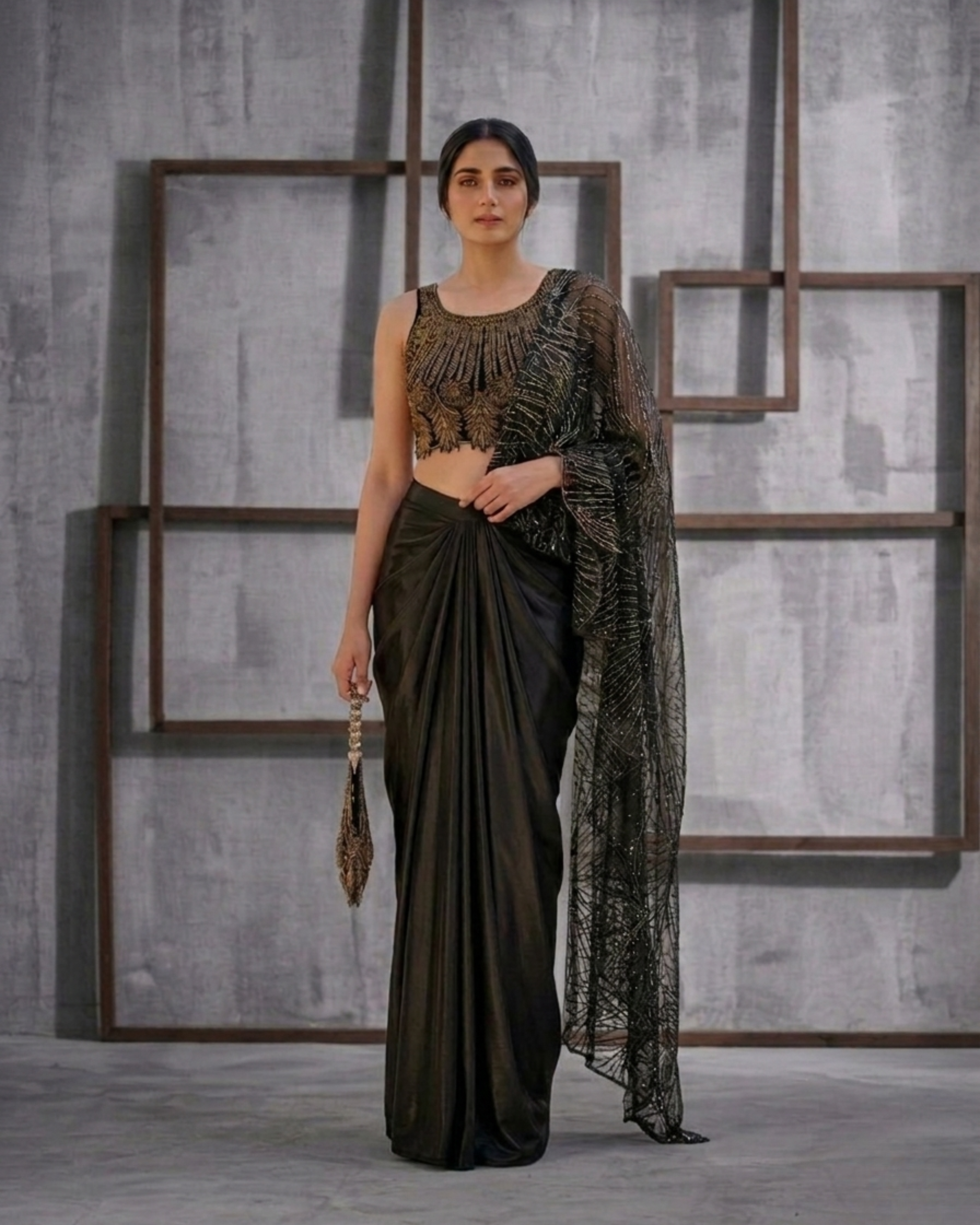 MUS011 Gold emb blouse, Drape skirt