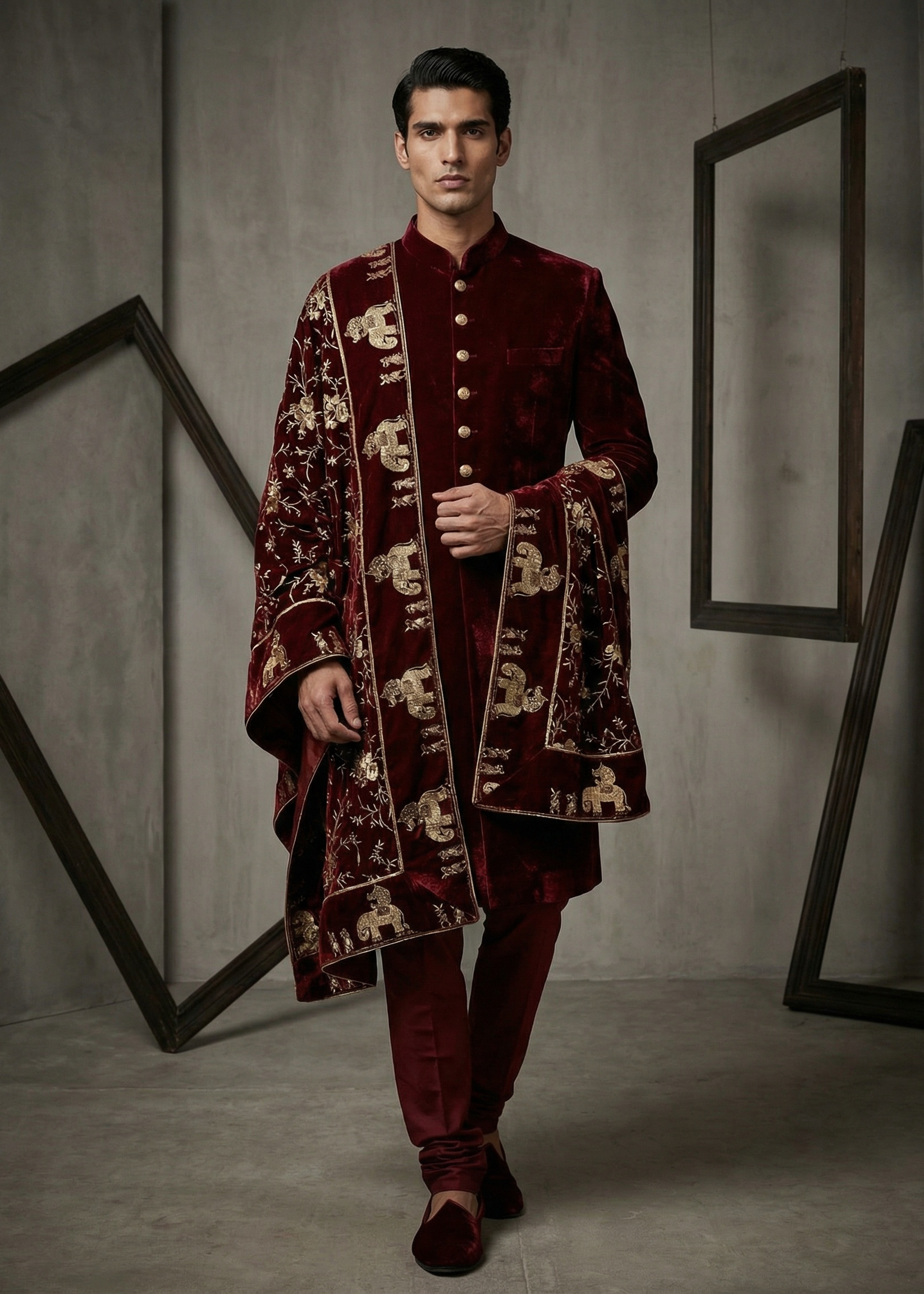 OD4719 Burgandy velvet sherwani and shawl
