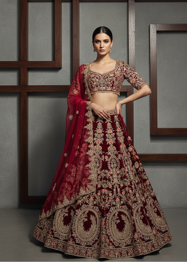 OD5292 Red embroidery lehenga, blouse and  dupatta set