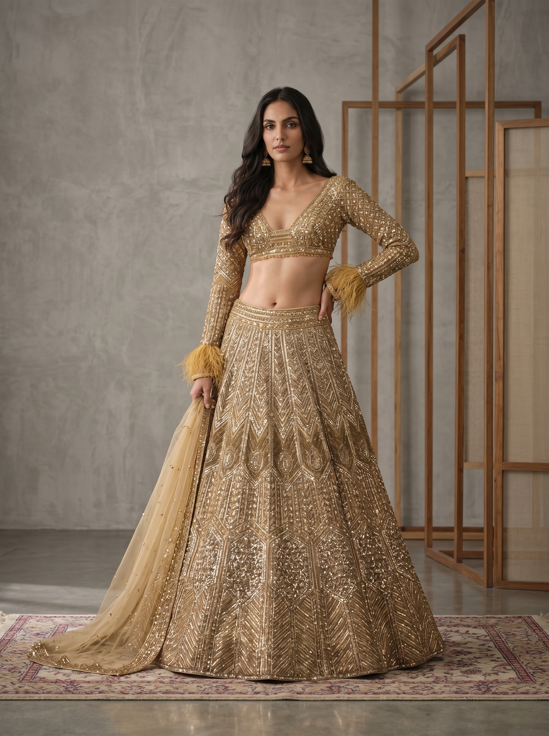 OD5830 Gold Embroidery Lehenga Blouse and Dupatta Set