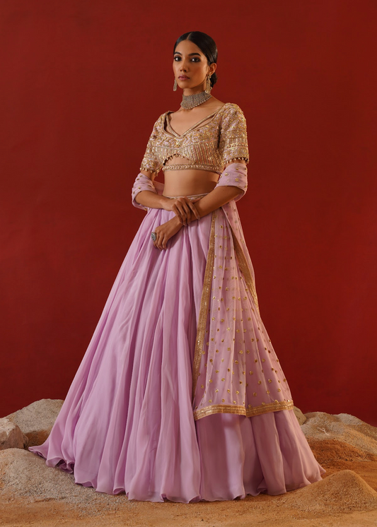 Woman in a traditional outfit with a pink skirt and gold top against a red background