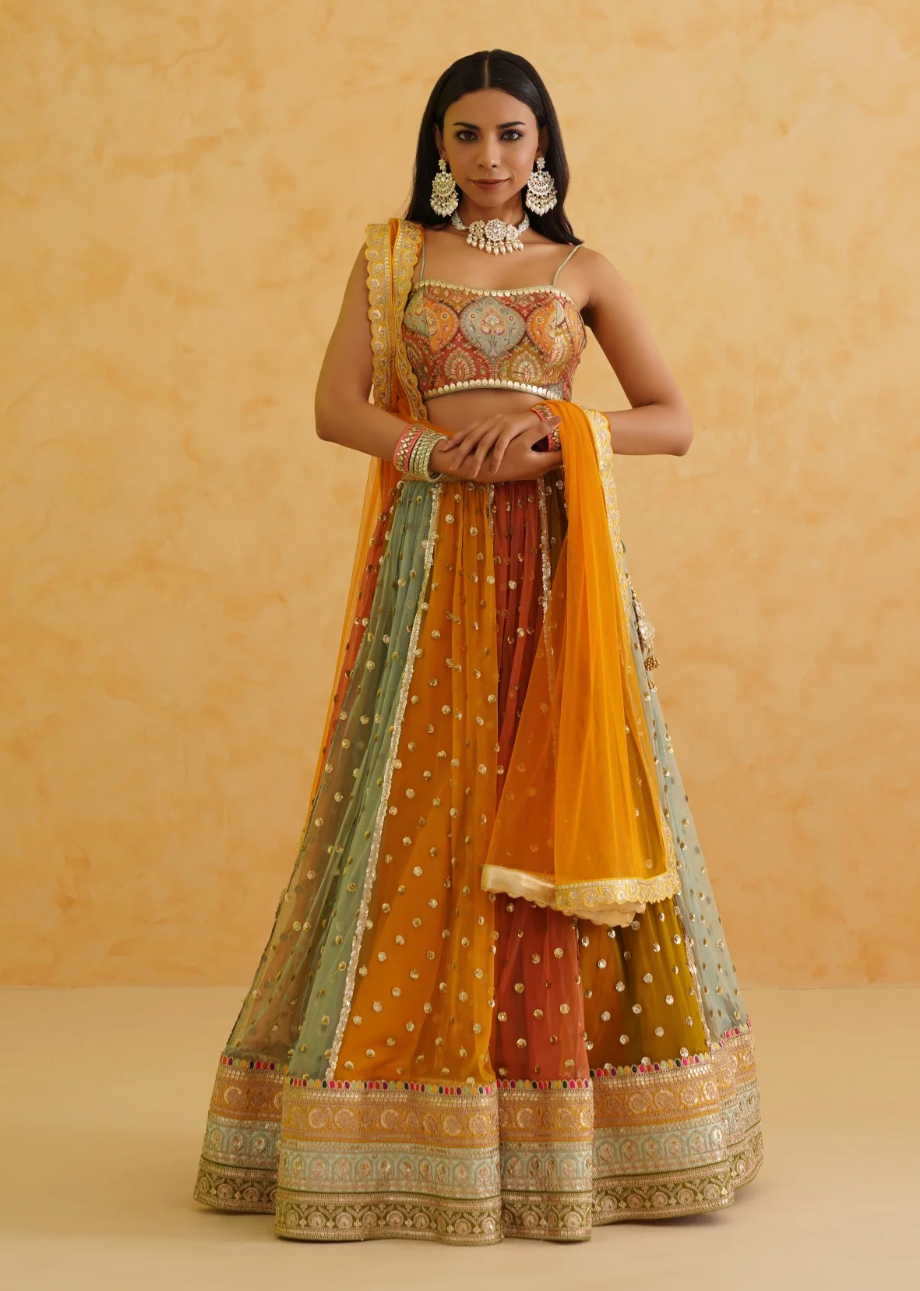 Woman wearing a traditional outfit with a beige background