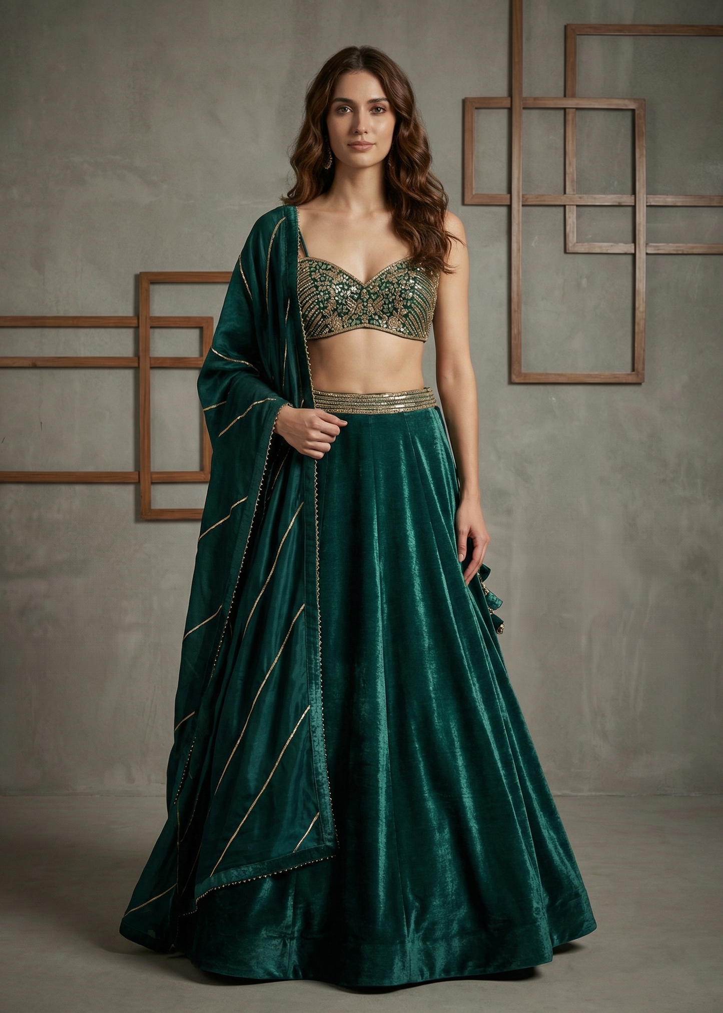 Woman wearing a green traditional outfit with a matching dupatta against a gray background