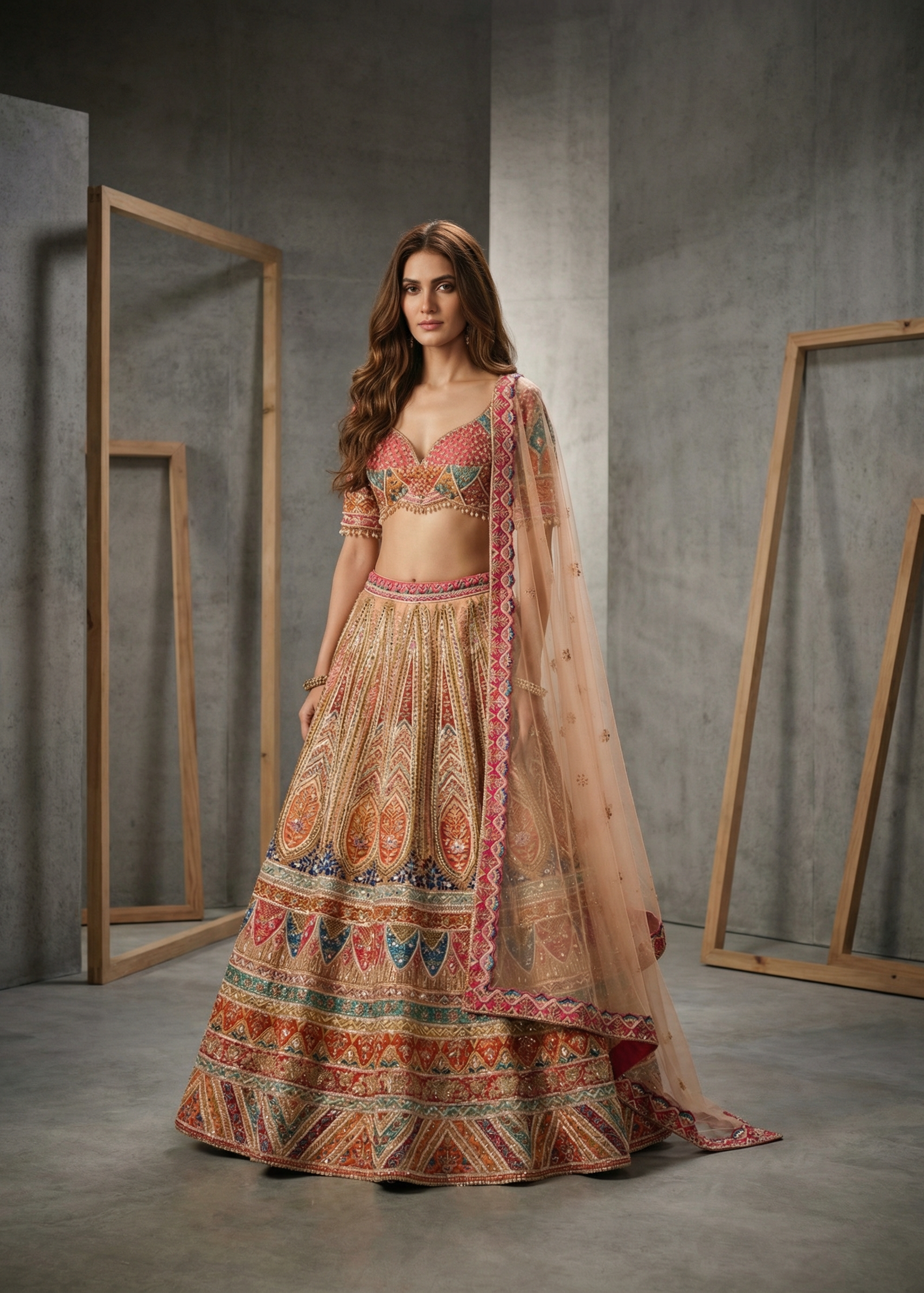 KD1135 Multi colour embroidered bridal lehenga set