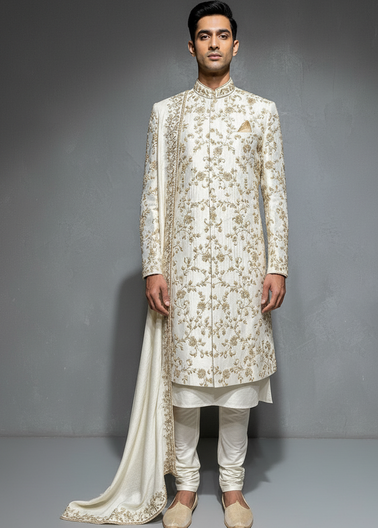Man wearing a traditional embroidered sherwani with a matching dupatta against a gray background