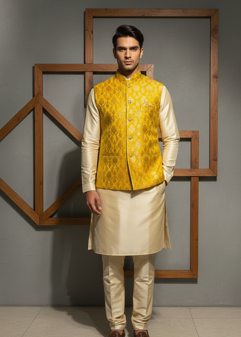 Man wearing a yellow vest over a cream kurta with a gray background