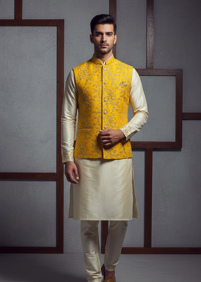 Man wearing a yellow embroidered vest over a cream kurta with white pants against a gray background