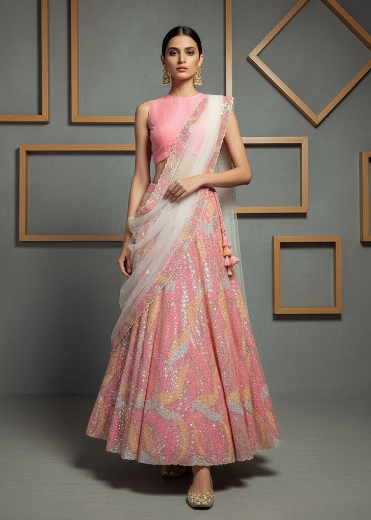 Woman wearing a pink and white saree with a patterned design against a gray background.