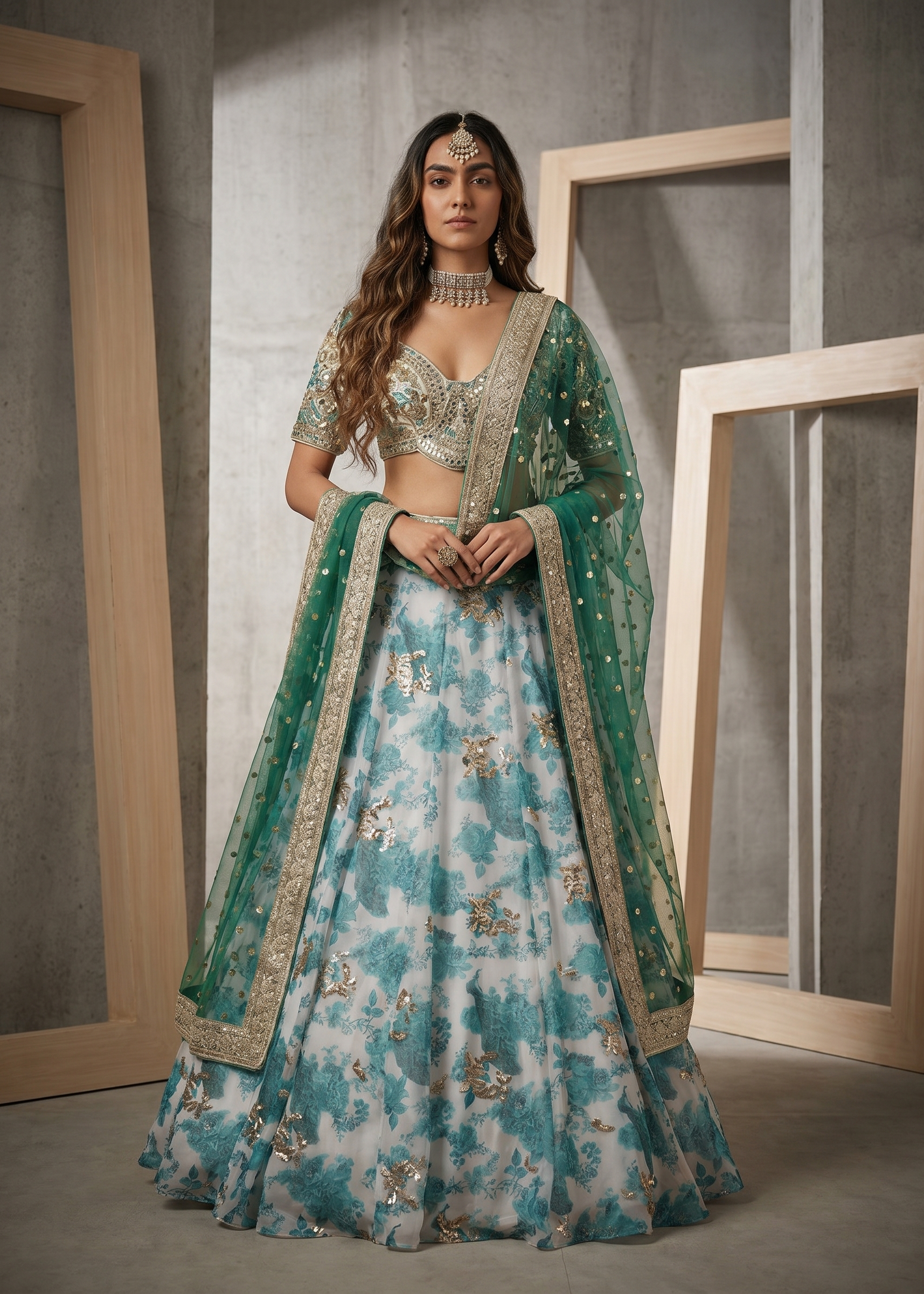 Woman in a traditional green and blue embroidered outfit standing against a neutral background