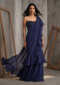 KD2205 Navy blue embroidered bustier and drape saree