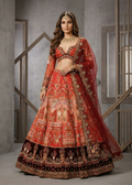 Woman in a traditional red and gold embroidered outfit against a gray background