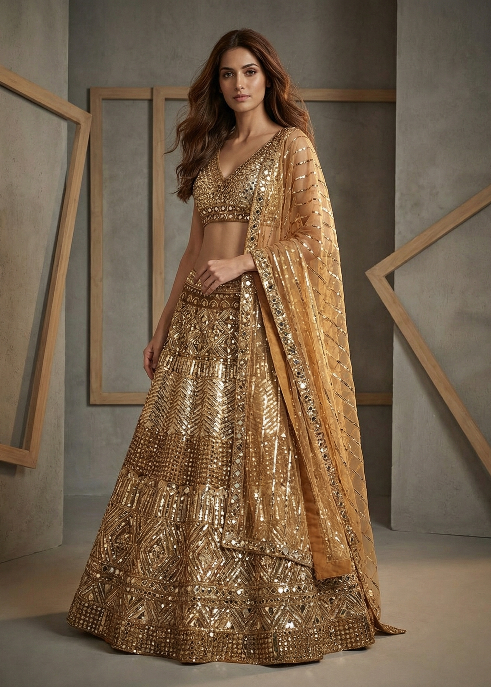 Woman wearing a gold embroidered traditional outfit against a neutral background