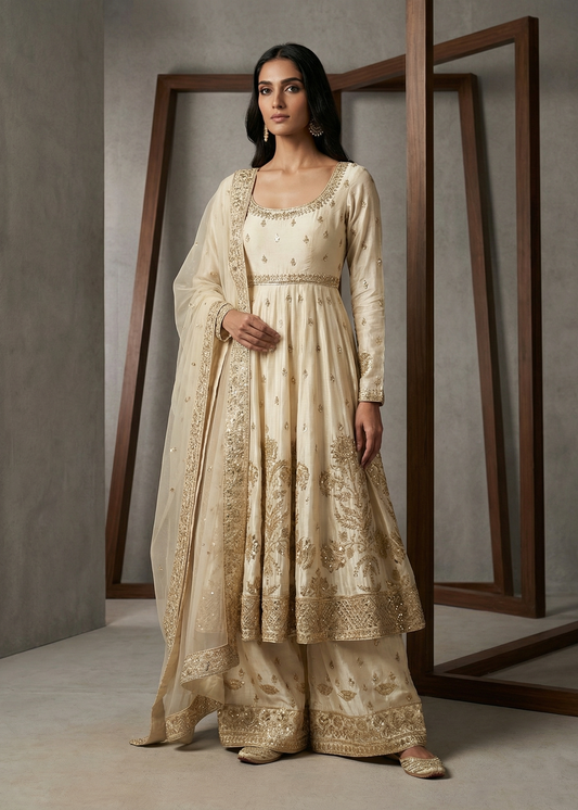 Woman wearing a traditional beige embroidered outfit standing in front of a mirror.
